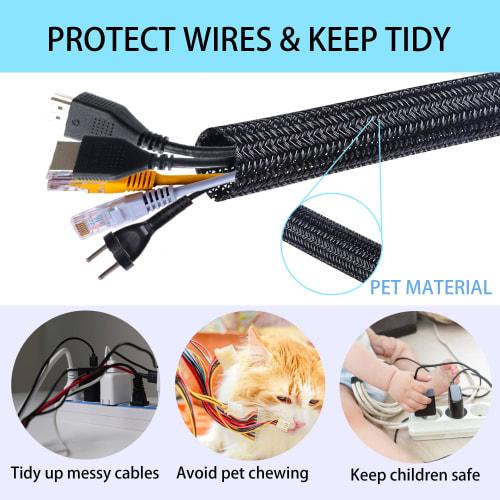 Josnown Cable Cover, Keep Your Cables Organized, Hide Untidy Wires, Braided Wire Jacket 3m Length, Expandable Diameter, Holds 3-5 Wires, Black