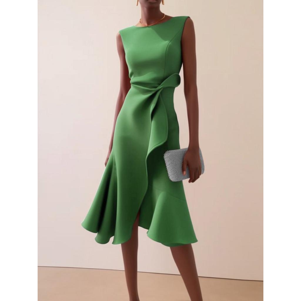 Dames Ronde Hals Mouwloze Midi Jurk Slim Fit Middelhoge Taille Elegante Ruche Split Cocktailjurk