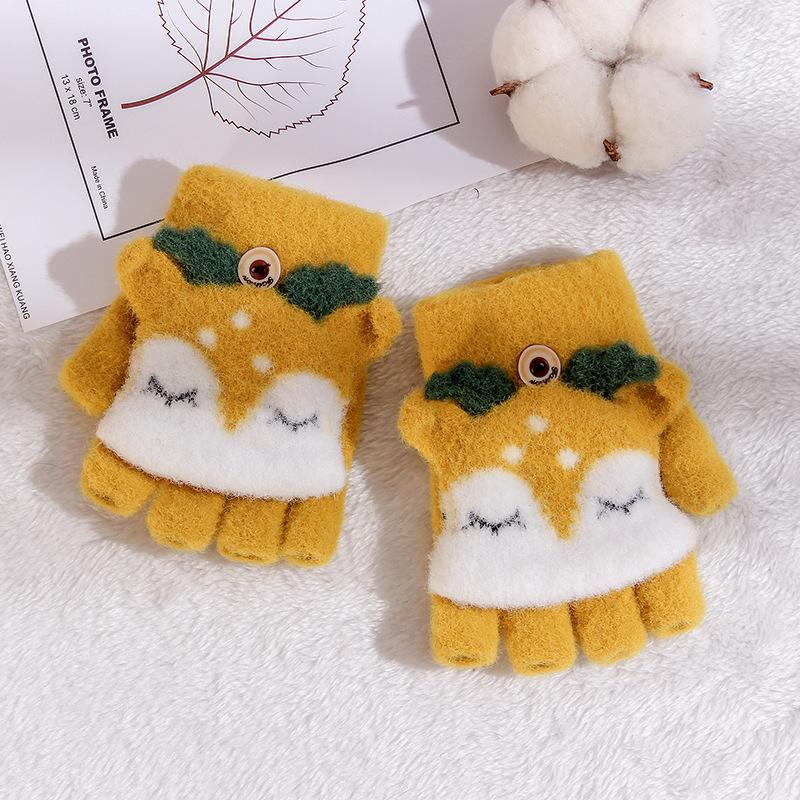 

Half finger flip cover dew finger cute cartoon deer knitted fleece warm baby girl winter cold children s gloves children Recommended for babies aged 5-7