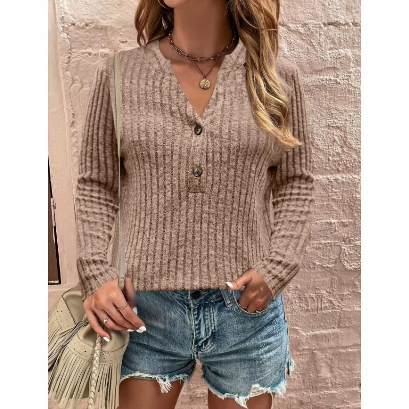 JKASHDK Women's Fashion Casual Spring Fall Solid Color Print Long Sleeve V-Neck Pullovers & Long Sleeves