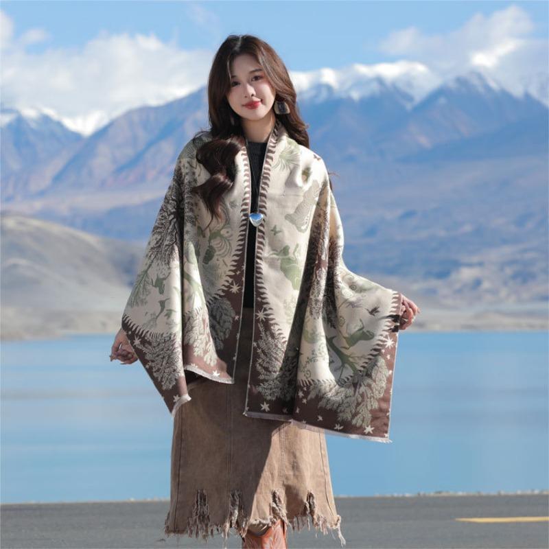Scarf women's fashion double-sided jacquard scarf high-end sense of warmth imitation cashmere shawl Xinjiang Xizang travel outside