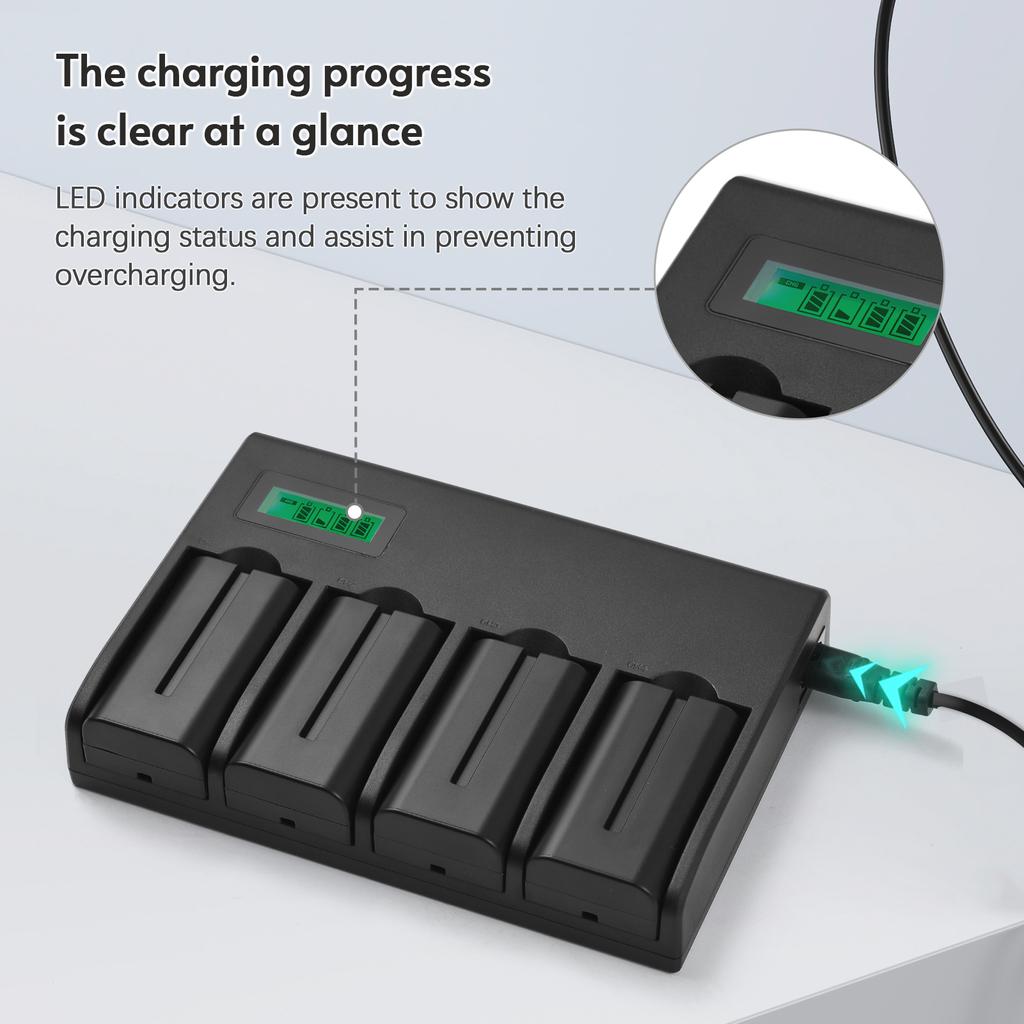 NP-F550-Akkuladegerät, 4-fach-Ladegerät mit LED-Anzeigen, 4 Stück NP-F550-Akkus, 7,4 V, 2200 mAh