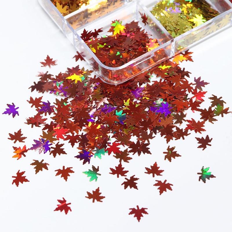 6 Grid Boxed Laser Color Nail Sequins Leaves 2021 Fall Christmas Thanksgiving