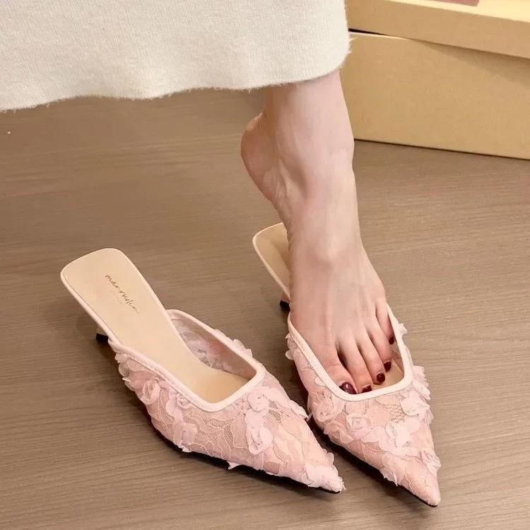 Fashion Embroidery Woman's Cotton Fabric Mules Slippers Luxury Fashion Elegant Pointed Toe Slides Shoes Ladies Dress Flats Sandalias