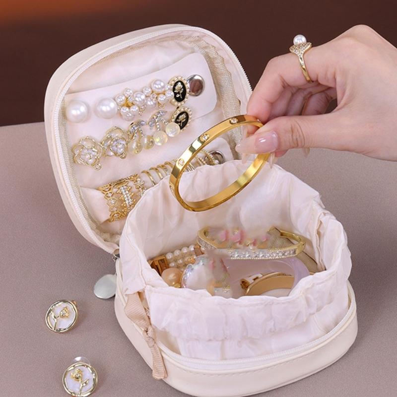 Leather Jewelry Storage Bag With Adjustable Drawstring Design Safely Holds Earrings Necklaces Rings Portable Organizers