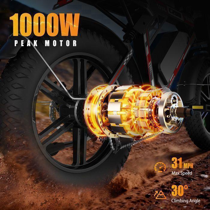 OOKTEK Vélo électrique 1000W 20"-48V 17,5AH-Fat bike tout terrain-50KM/h-150kg-Vtt électrique adulte Suspension intégrale-C200 Noir