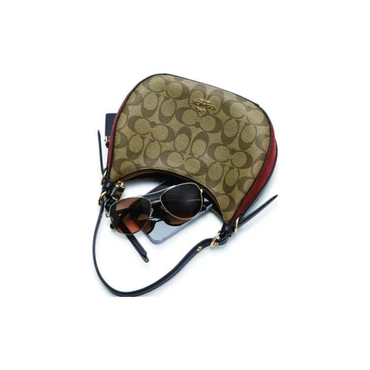 Coach Kleo 21 Monogram Zip Closure Canvas And Leather Shoulder Bag Women Shoulder Bag Khaki Brick-Red C6809-IME7V