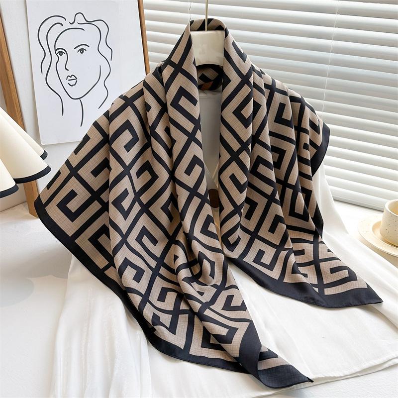 Striped Twill Silk Scarf: Large Square Shawl & Sunscreen Travel Headscarf - 90cm, Perfect for Spring & Autumn