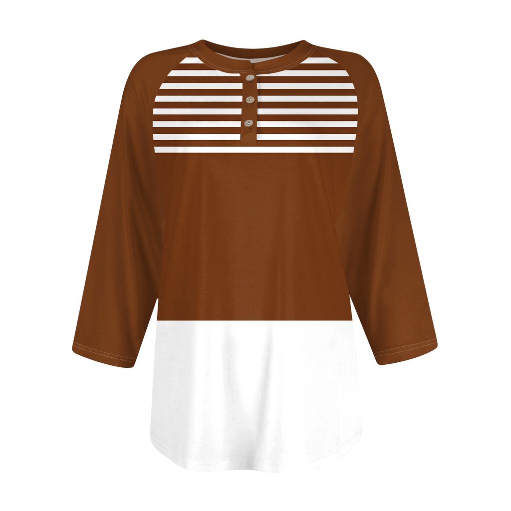 Women's Fashion T-Shirt Casual Printing V-Neck Button Up Shoulder Sleeves Seven Quarter Sleeve Top