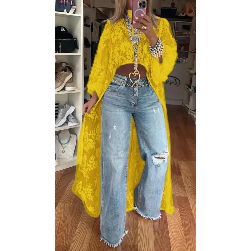 Women's Mock Neck Long Flare Sleeve Lace Kimono Irregular Long Cover Up Top