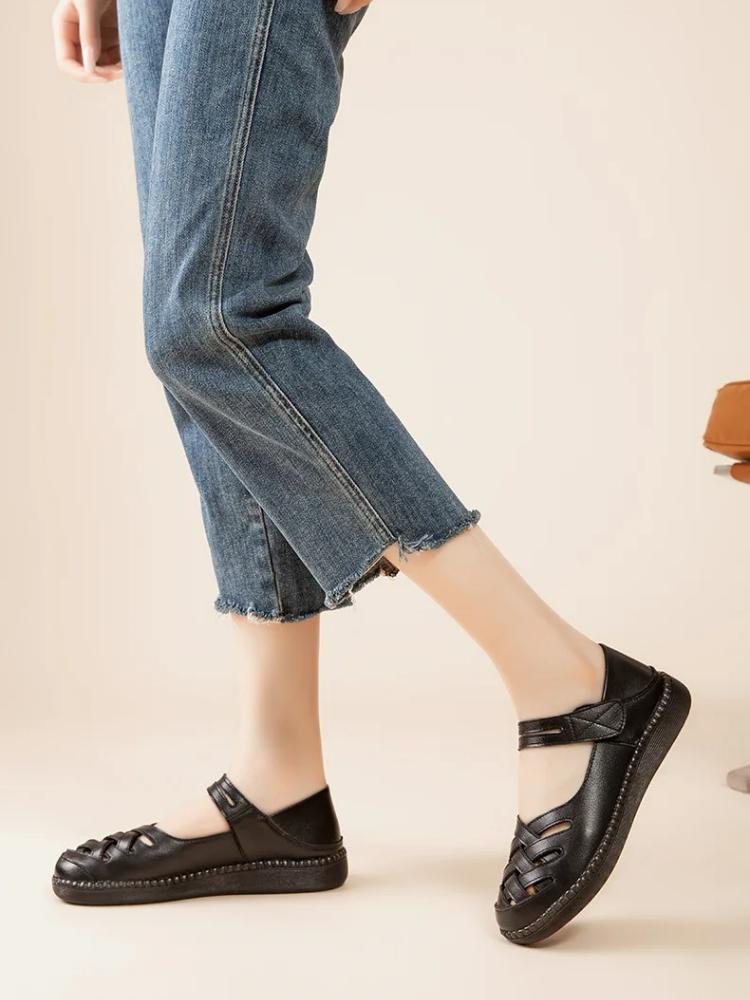 Johnature Flat Sandals For Women Breathable Genuine Leather Soft Soled Casual Round Toe Women's Shoes