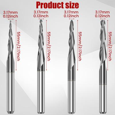 4Pcs Tungsten Steel Ball Nose End Mill Set High Hardness Double Flute Spiral Milling Tool CNC Taper Wood Metal Milling Cutter
