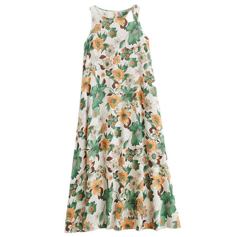 Real Shot Summer New Bohemian Loose Cotton and Linen Print Sleeveless Dress Women's Vest Skirt