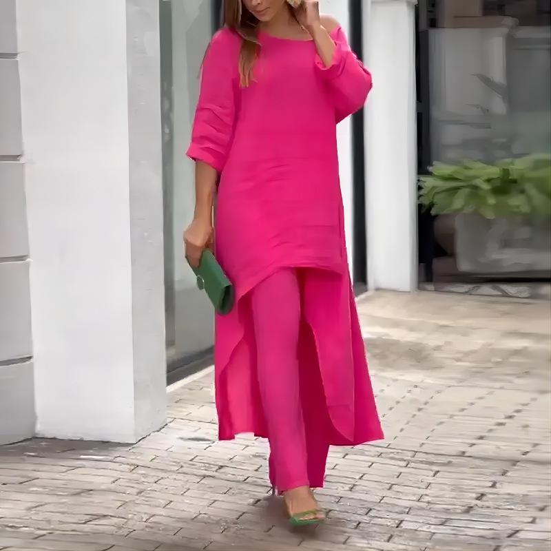 European Women's Cotton Linen Casual Plus Size Irregular Long Sleeve Top and Wide-Leg Pants Set