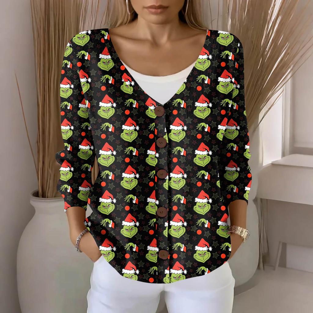Women's Fashion Casual Knit Sweater Button-Up Christmas Print Cardigan Jacket