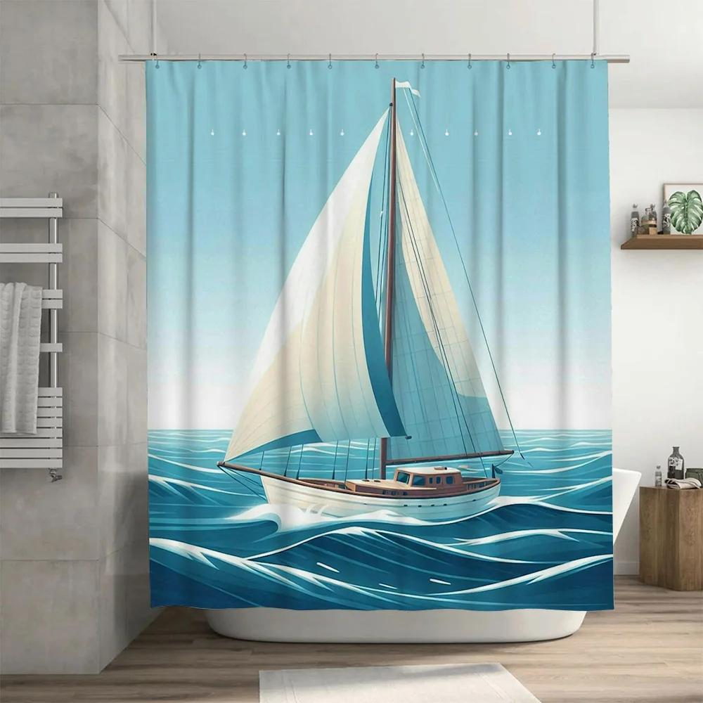 Sailboat Bath Shower Curtain Waterproof Fabric Decorative Home Bathroom Decor (Light Blue White)