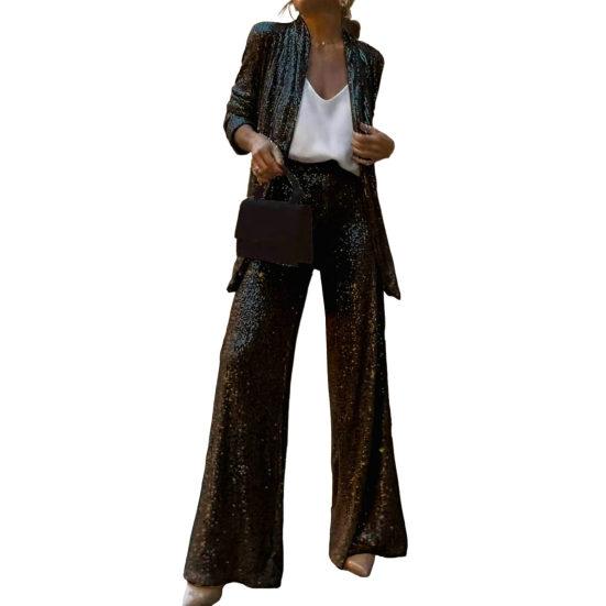 Women Pant Coat Shiny Sequin Formal Commute Style Solid Color Cardigan Long Seeve