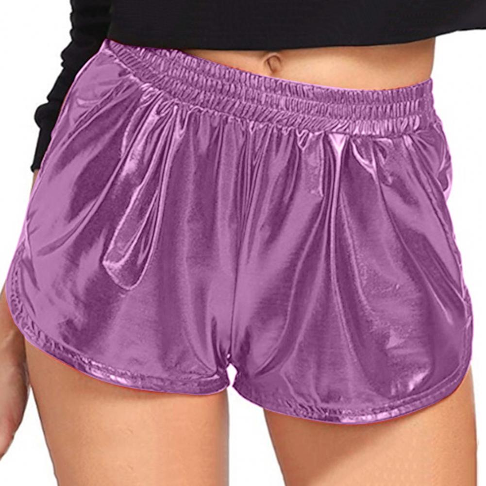 Women Casual Shorts Elastic High Waist Glossy Surface Solid Color Faux Leather Shorts with Pockets Streetwear