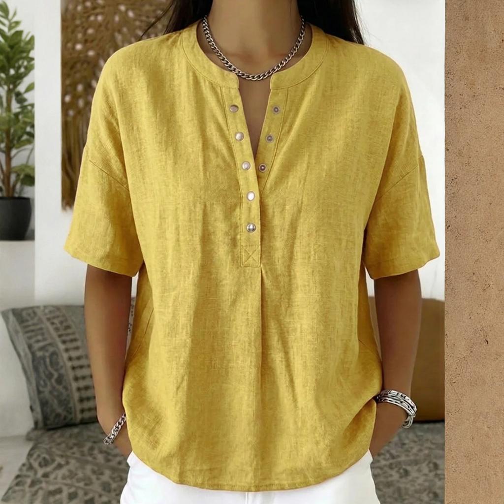 Women’s Short Sleeve Henley Linen Shirt Casual Loose Fit Blouse with Button Front and Round Neck for Everyday Wear