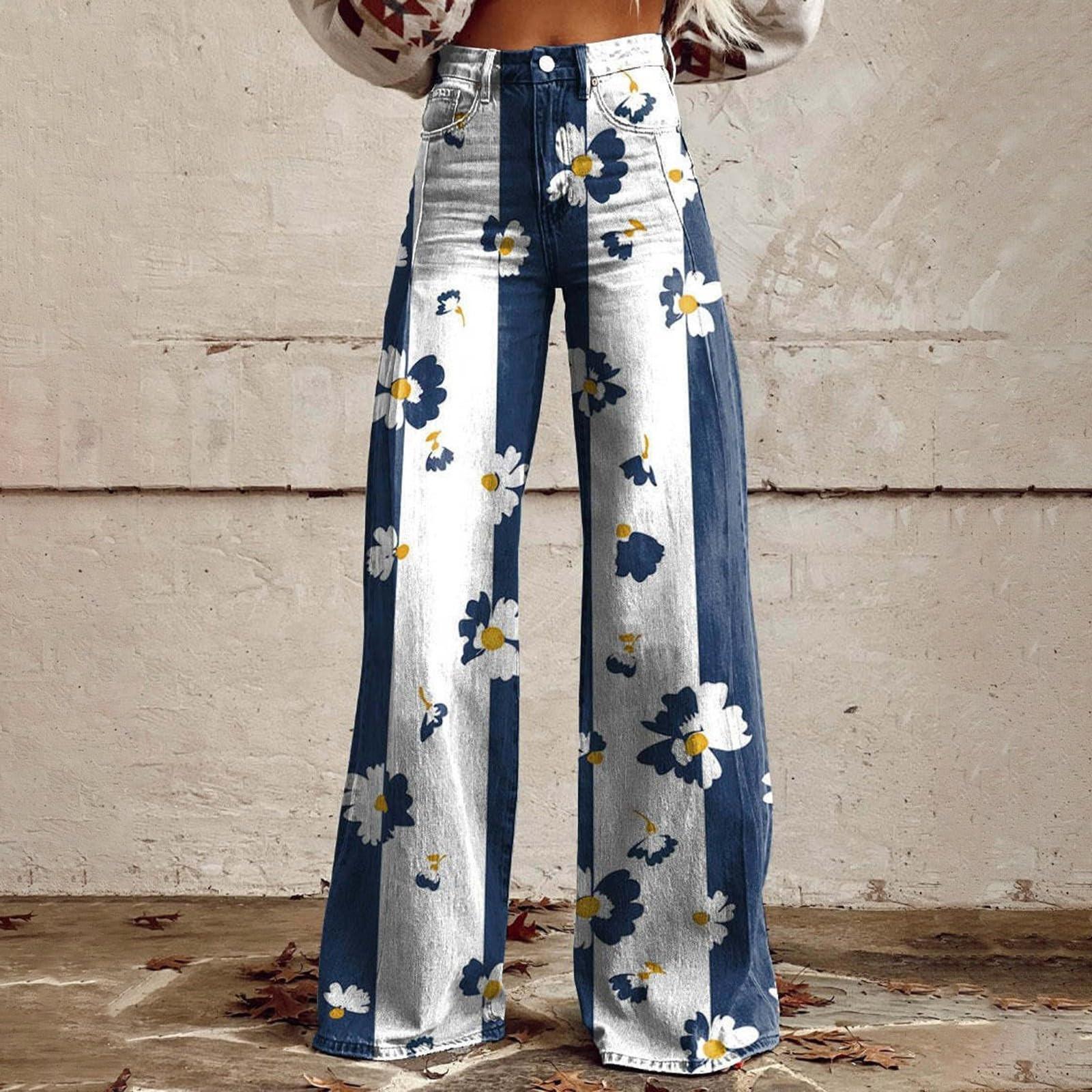 

Широкие расклешенные джинсы для женщин с карманами, мешковатые брюки с винтажным цветочным принтом и высокой талией, свободные брюки M