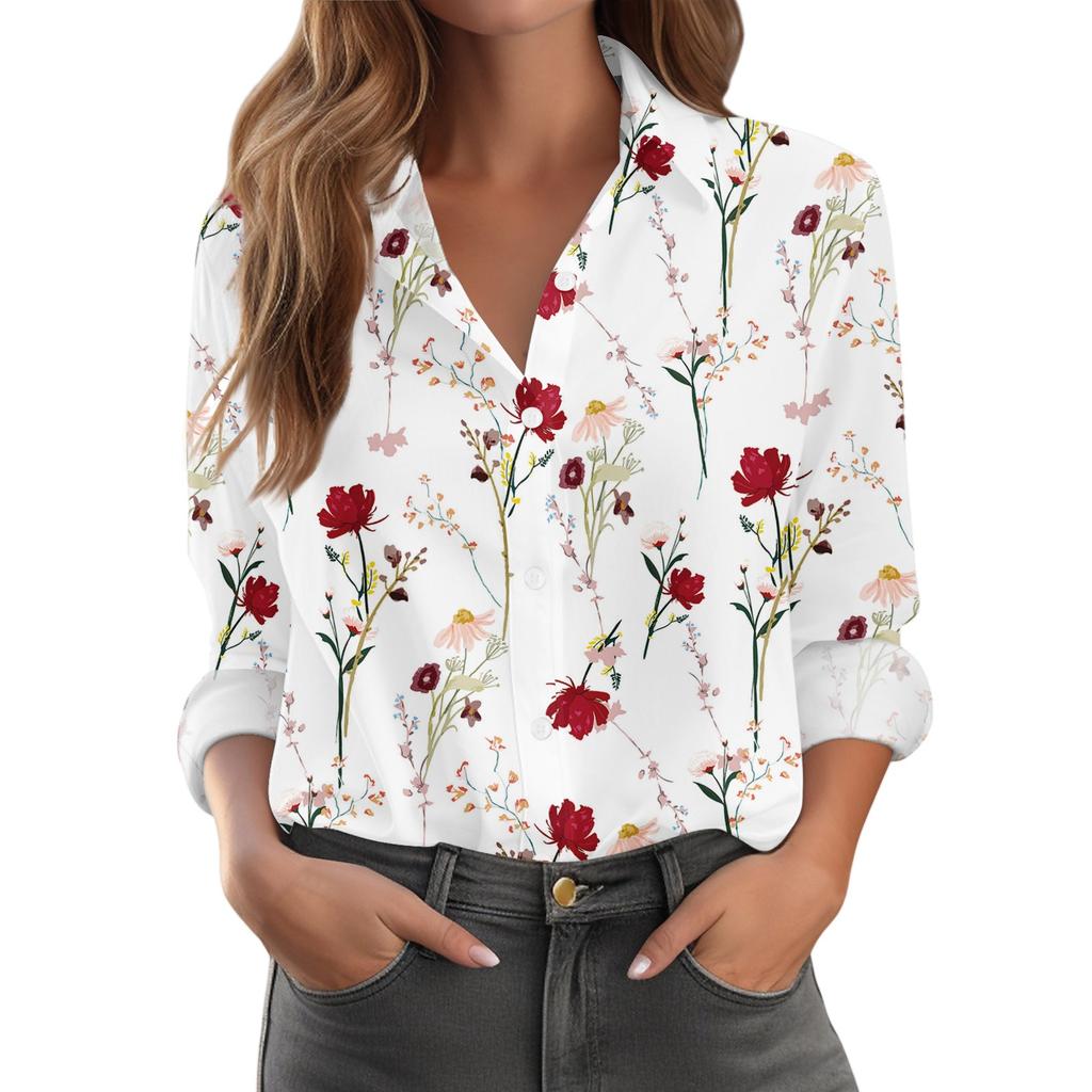 Women's Shirt With Floral Print Buttons, Long Sleeved Casual Regular Shirt Blouses Casual Plus Size Basic Tops