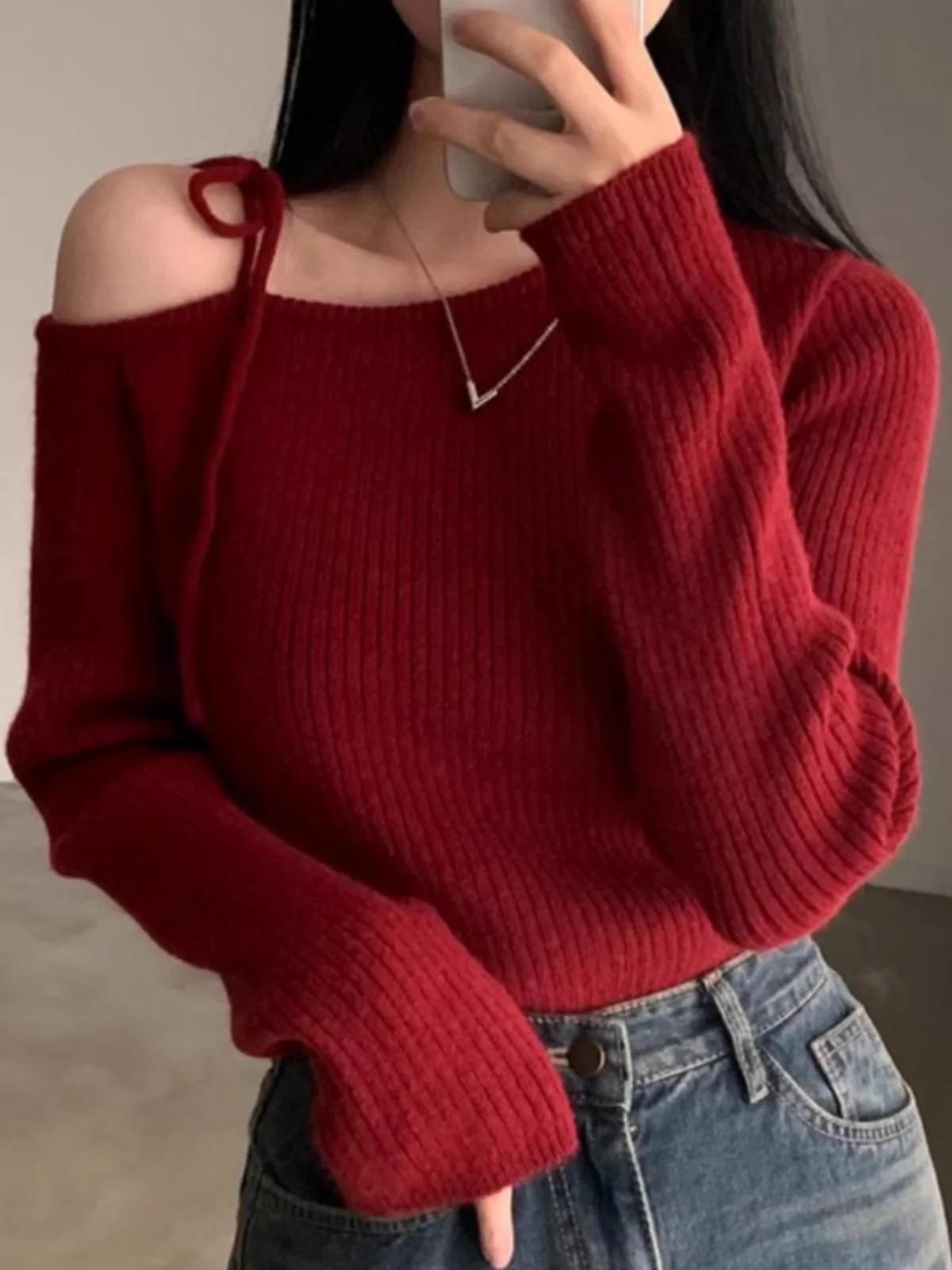 

Осенняя корейская мода винтажные вязаные пуловеры женские одно плечо на бретельках повседневные однотонные топы элегантная одежда в стиле колледжа 2024 XL красный