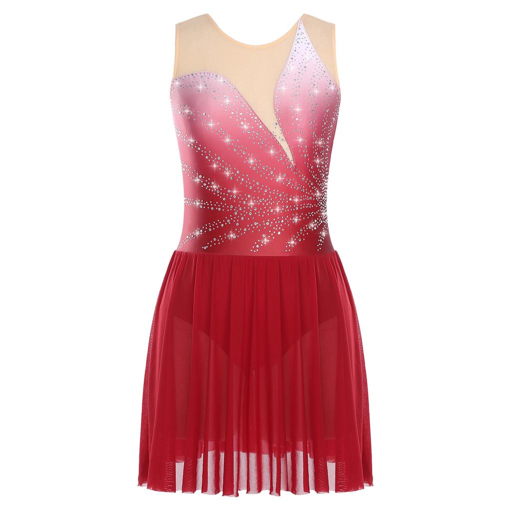 Womens Figure Skating Dress Rhinestones Mesh Patchwork Sleeveless Ice Skating Dress Built In Crotch Briefs