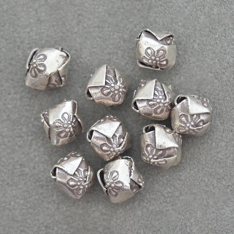 Thai Handmade Sterling Silver Rhombus Bead Bracelet - Retro Carved Patchwork Design for DIY Beading Accessories