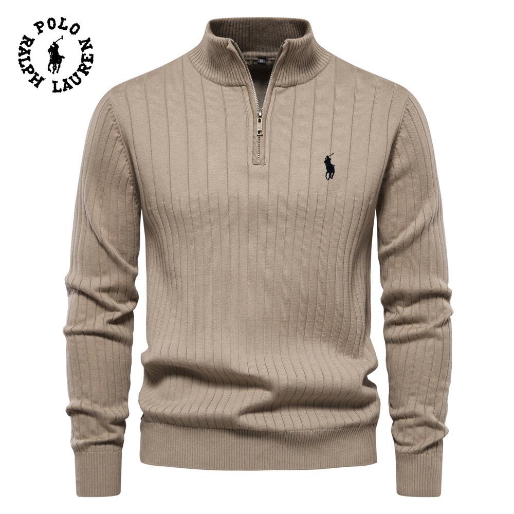 Ralph Lauren Embroidered Stand Up Collar Cotton Men's Sweater Casual Half Zipper Solid Color Pullover High-quality Men's Knitted Sweater