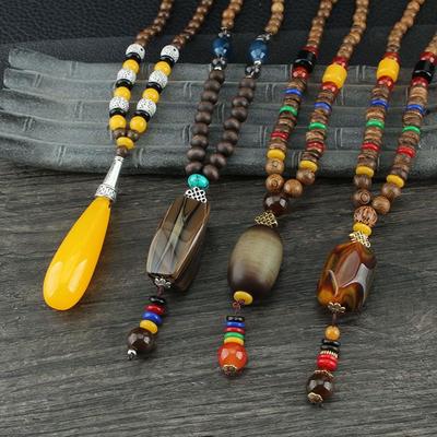 Boho Handmade Lucky Gift Party Mala Wood Bead Nepal Necklace Buddhist Horn Fish Pendant