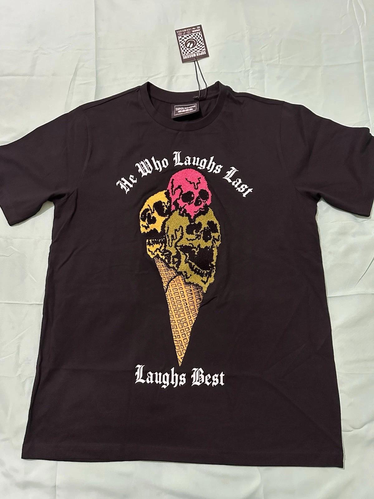 Three Skull Ice Cream Cone Graphic Black 100% Cotton T-shirt Mens Tees Top M