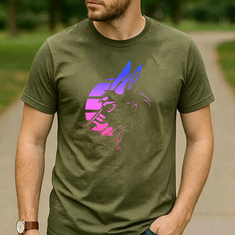 Vaporwave Gradient Wolf Head Sunset Circle Graphic T Shirt Unisex Crew Neck Short Sleeve Wildlife Fan Holiday Gift Top