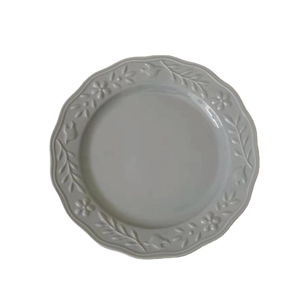 French Minimalist Relief Flower and Bird Plate Ins Cream Yellow Tableware Household Ceramic Plate Rice Bowl Set Oval Soup Plate