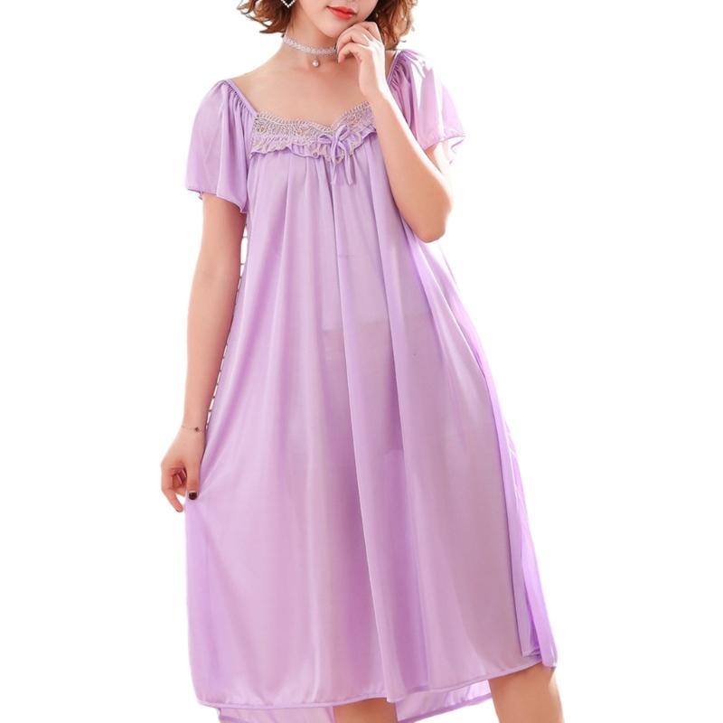 Women's Ice Silk Nightgown Sleepwear Round Neck Nightie Short Sleeves Nightshirt Summer Sleepwear Nightdress Sleep Dress