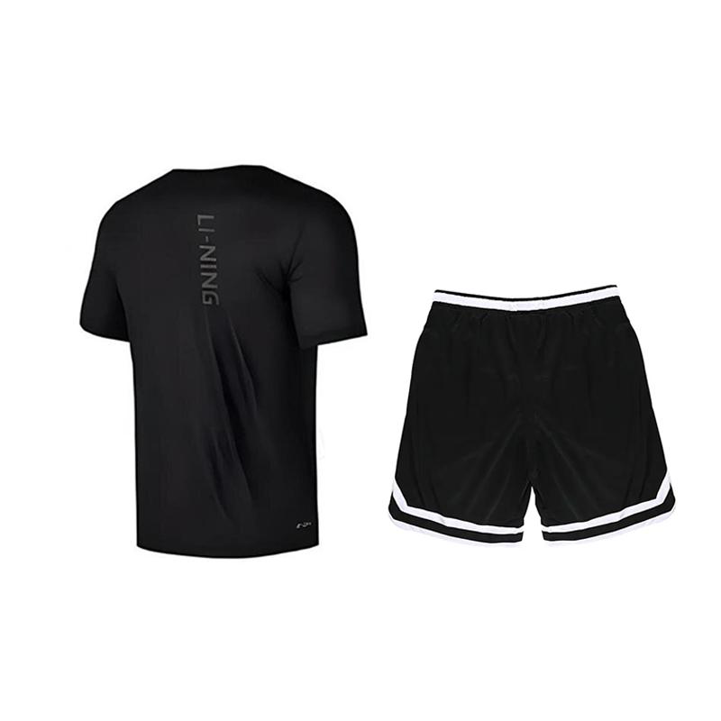 Li-Ning Letter Round Neck Breathable Short Sleeve Fashion Comfortable Shorts Casual Sports Suit Unisex suit Black YTSU145-2+YAPV001-1