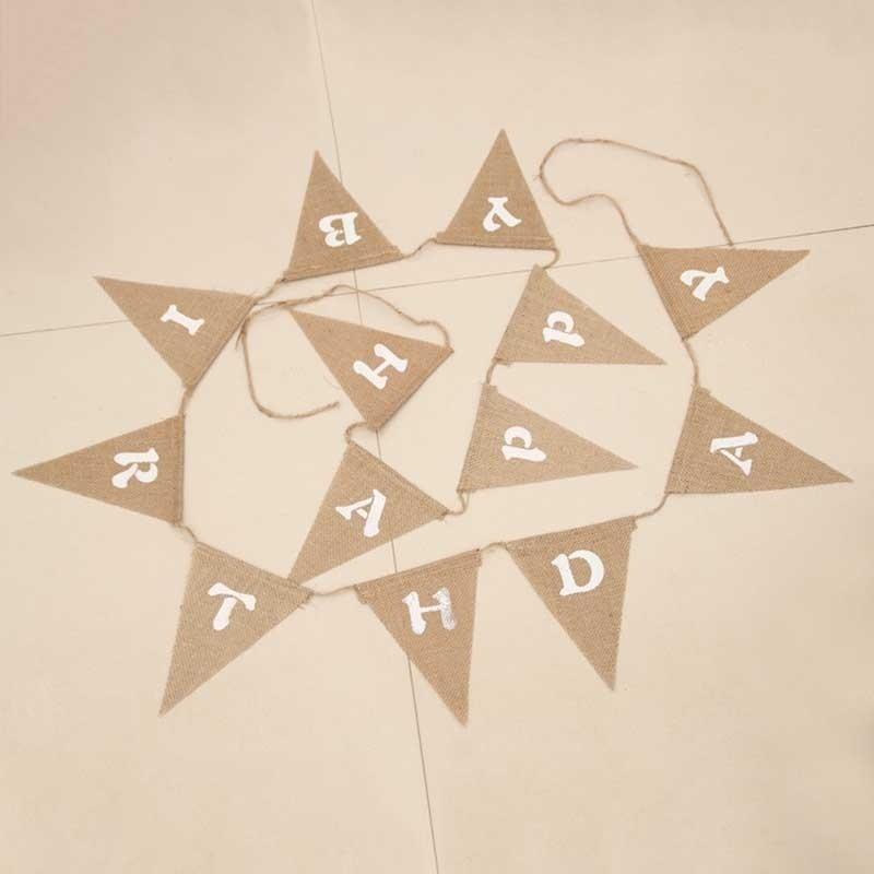 New Vintage Burlap HAPPY BIRTHDAY Banner Party Bunting Decor Garland 13 Flags 16*13cm Brown Burlap + Whi