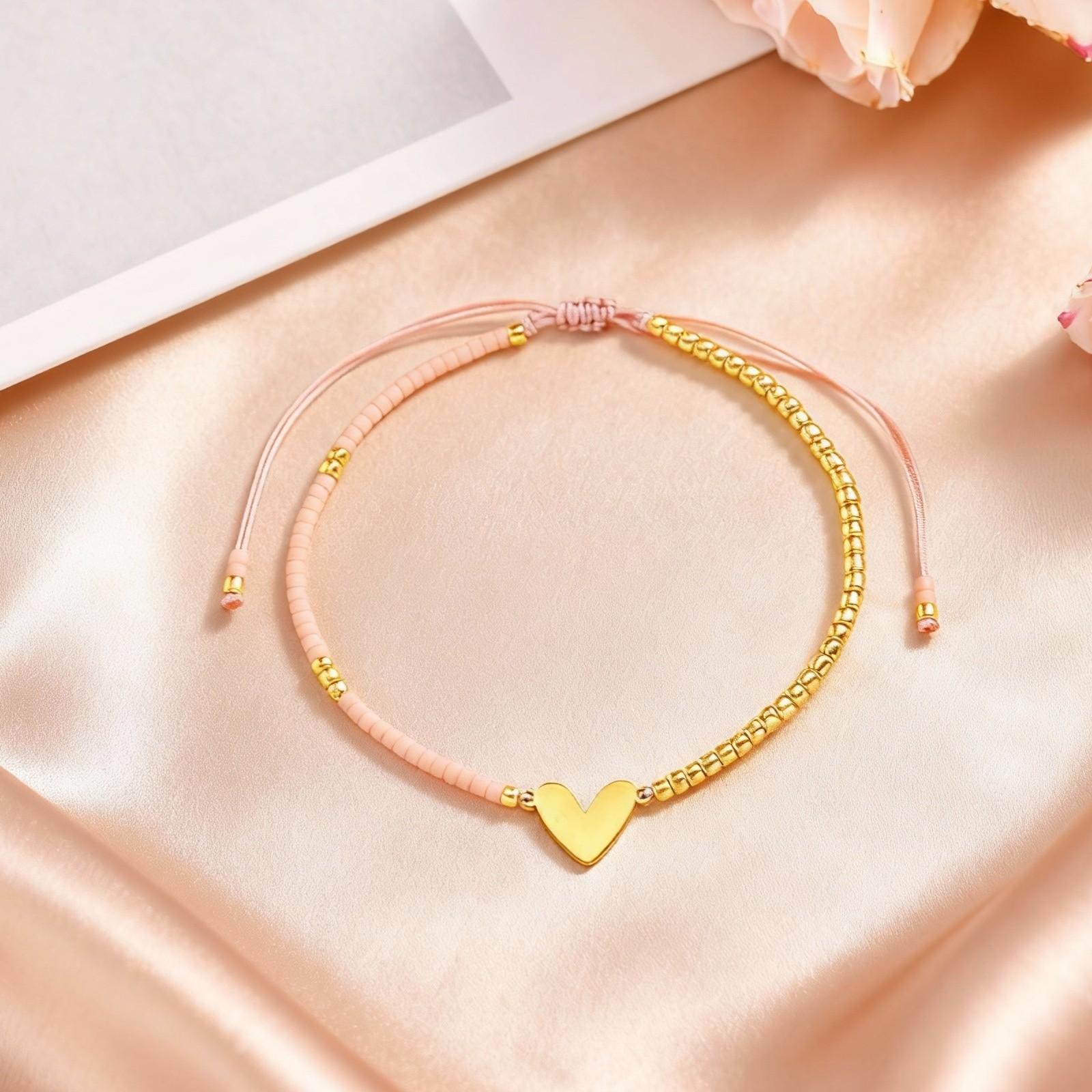 

Simple Classic Stainless Steel Heart Charm Bracelet, Colorful Beads Adjustable Woven Rope Bracelet for Women Jewelry Gift