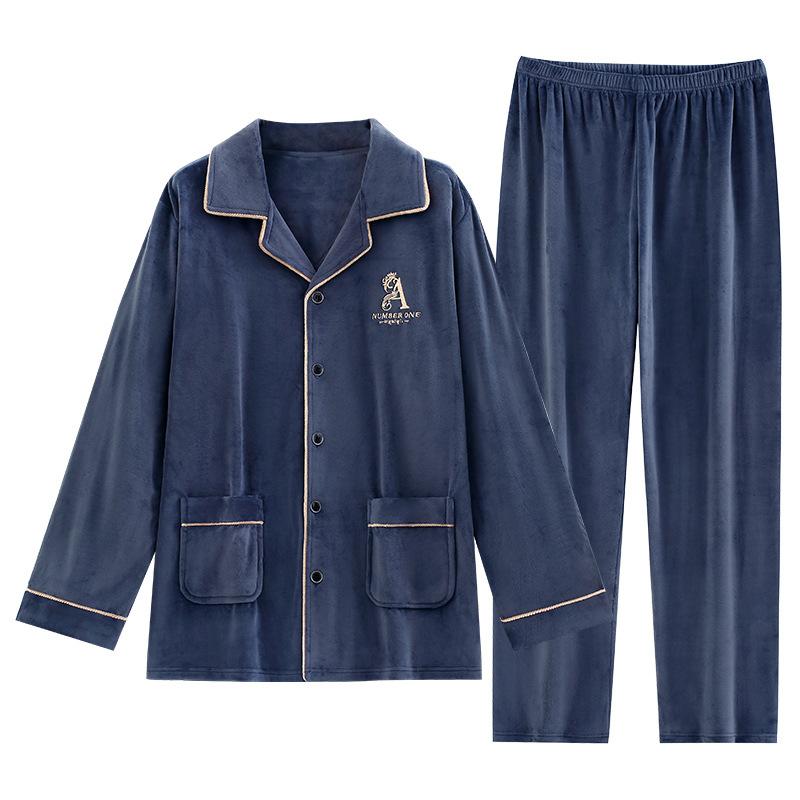 Coral Fleece Pajamas Men'S Autumn And Winter Simple Cardigan Large Size Loungewear Thin Fleece Island Fleece Warm Suit