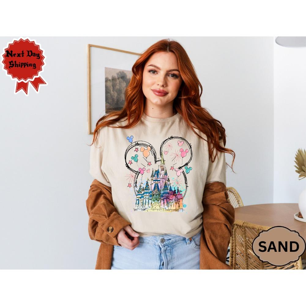 

Watercolor Mickey Castle T-Shirt Round Neck Breathable Fashionable Casual Travel Short Sleeved Tee Summer Women S Top M