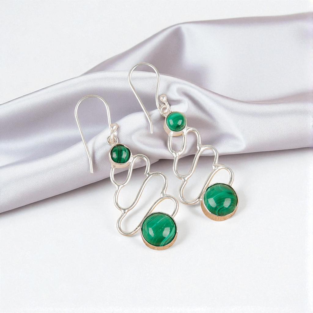 Rare Malachite Gemstone 925 Sterling Silver Jewelry Handmade Hook Earrings 2.13" EE-84-21