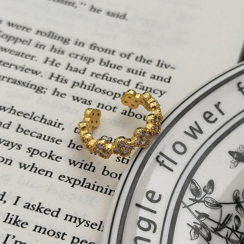 Light Luxury Retro Style Multi-Colored Flower Four-Leaf Clover Full Of Diamonds Zir*****Pen Ring Small Flower Niche Design Stacked Ring