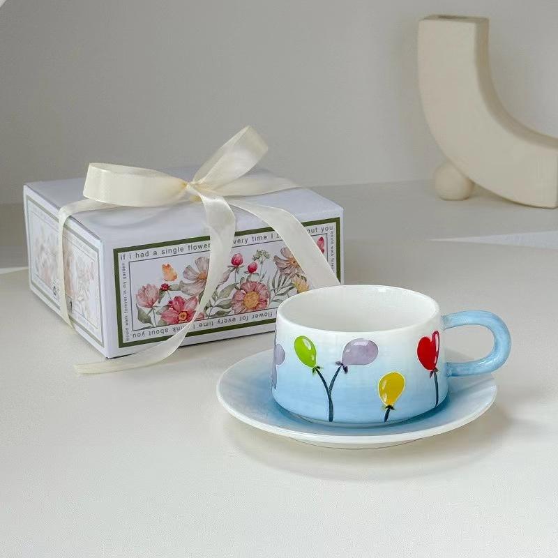 Yimei Retro Hand Painted Pink Mug  Tulip Ceramic Afternoon Tea Coffee Cup Appearance Level Niche Original Gift