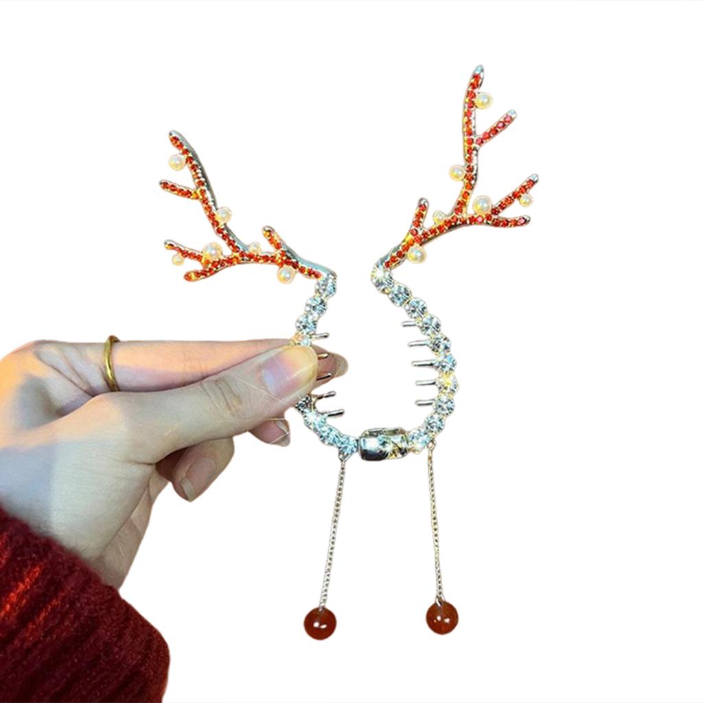 Xmas Reindeer Antlers Hair Clip Ponytail Bun Holder With Tassel Cute Pearl Sweet Elegant Reindeer Design Women Hair Styling Tool