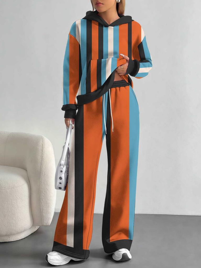 Striped European and American Autumn Casual Geometric Figure Long-sleeved Suit Women's Hooded Sweater Trousers Two-piece Set