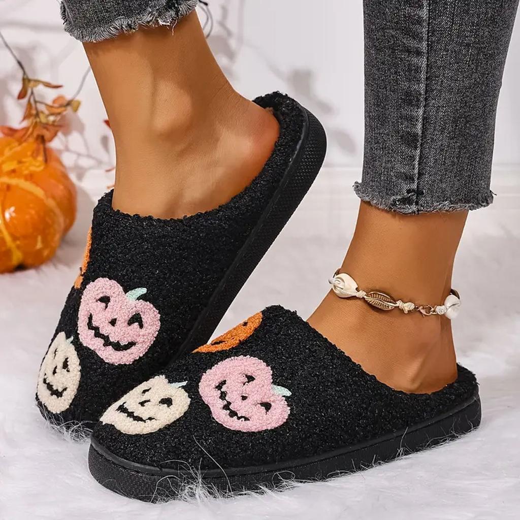 Women's Halloween Printed Plush Warm Cotton Slippers Fashionable And Casual Home Slip Closed Toe Womens Ballet Slippers Velour