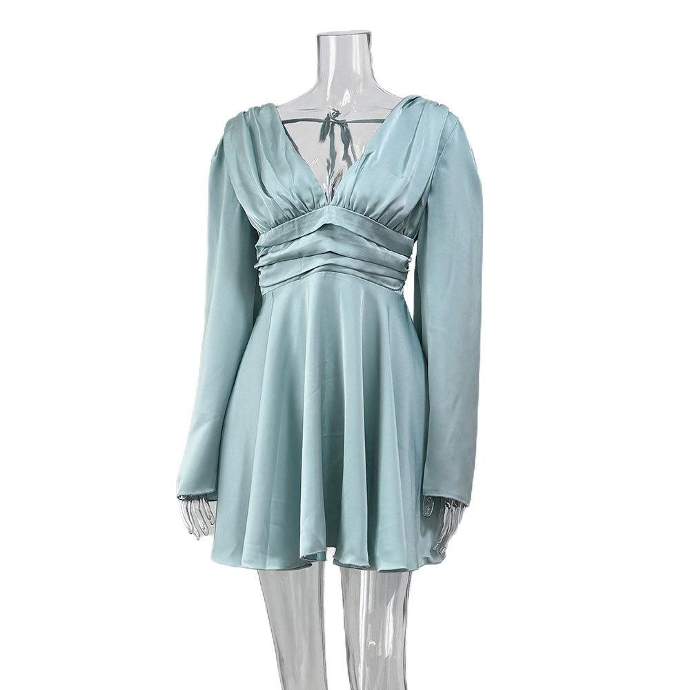 European and American party French satin flare-sleeve solid color long-sleeve dress, women's sexy V-neck waist-cinching short dress