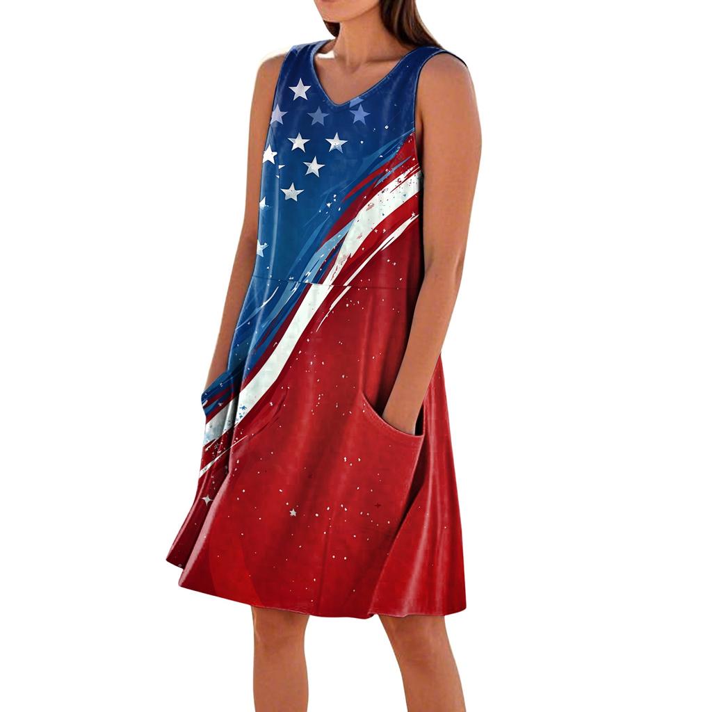 Sommerkleider für Damen Locker Strandurlaub Lässig Ärmellos V-Ausschnitt Sonnnenkleider Mit Taschen Trägerkleid