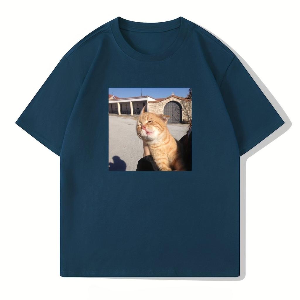 Men Casual Crew Neck TShirt Cotton Short Sleeve Tee with Cat Print Summer Fashion Top with Slight Stretch