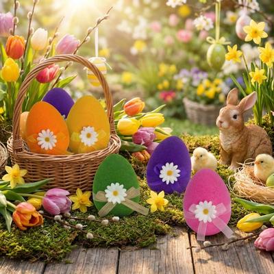 Foam Flocked Easter Eggs with Flower Bow Lifelike Large Egg Artificial DIY Craft Easter Egg Ornaments Easter Basket