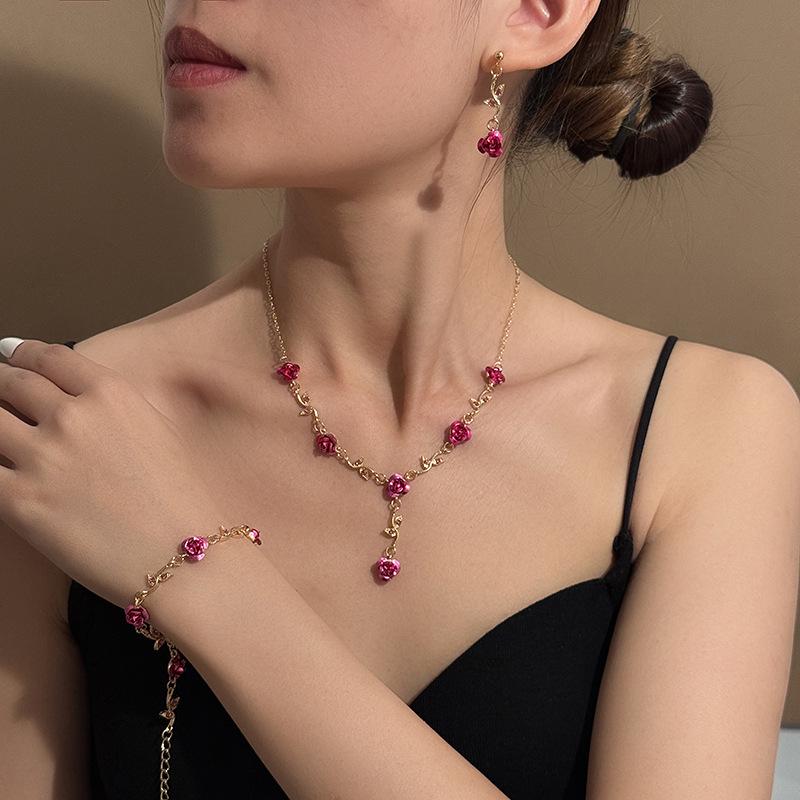 Elegant High-End Women's Retro Silver Fairy Jewelry Set: Black Knight Rose Earrings, Bracelet & Necklace